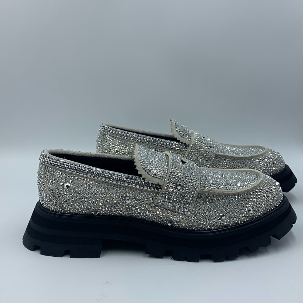 Brand New Alexander McQueen Silver Crystal Embellished Loafers size 40